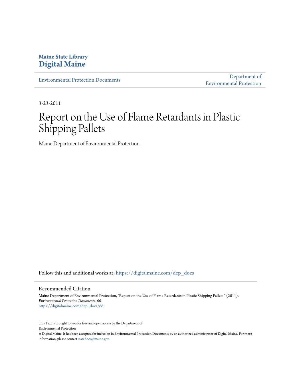 Report on the Use of Flame Retardants in Plastic Shipping Pallets Maine Department of Environmental Protection