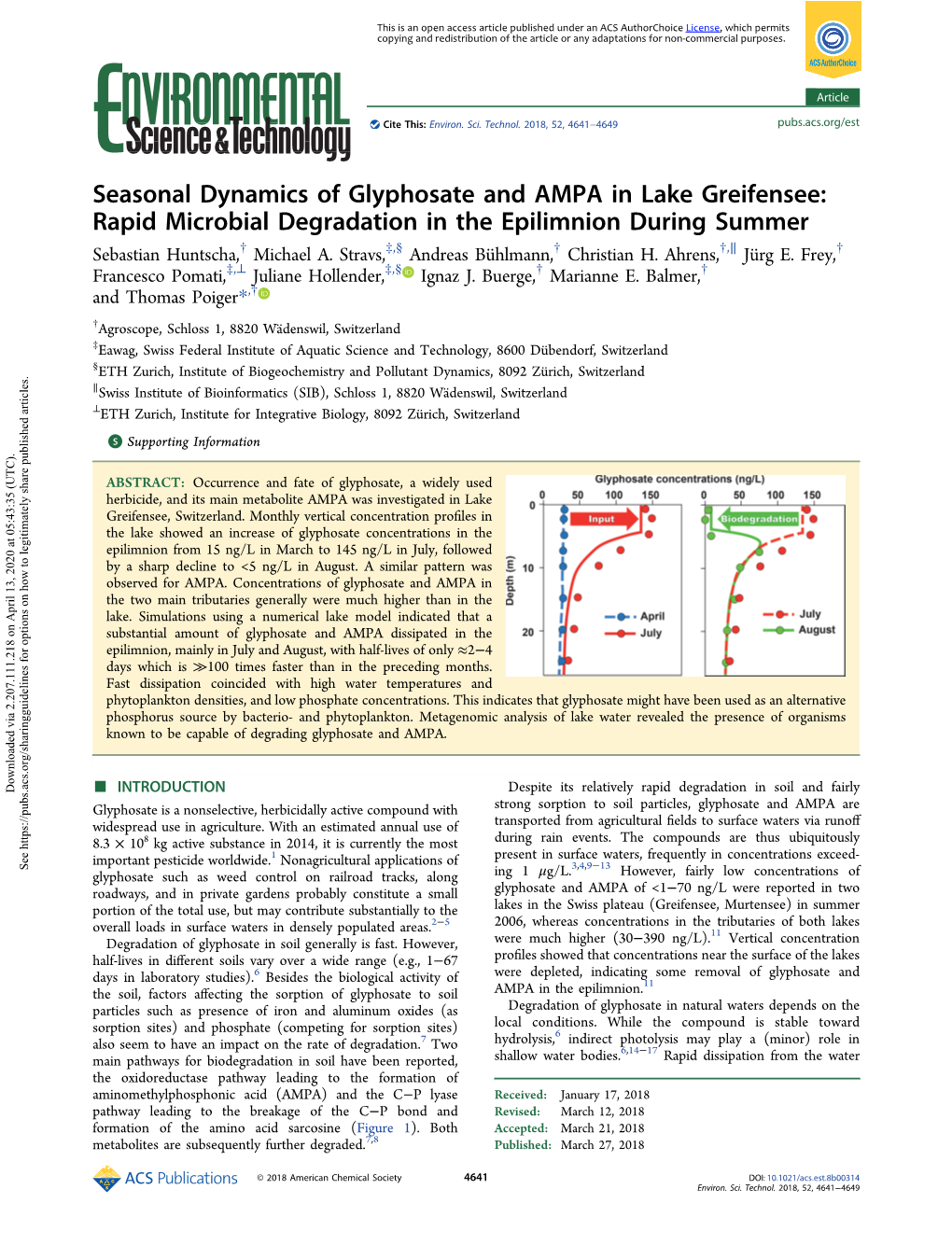 Seasonal Dynamics of Glyphosate and AMPA in Lake Greifensee: Rapid Microbial Degradation in the Epilimnion During Summer † ‡ § † † ∥ † Sebastian Huntscha, Michael A