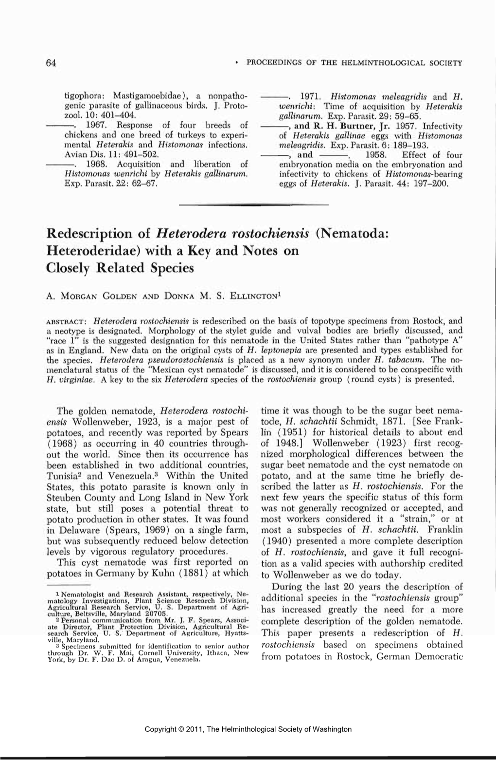 Redescription of Heterodera Rostochiensis (Nematoda: Heteroderidae) with a Key and Notes on Closely Related Species