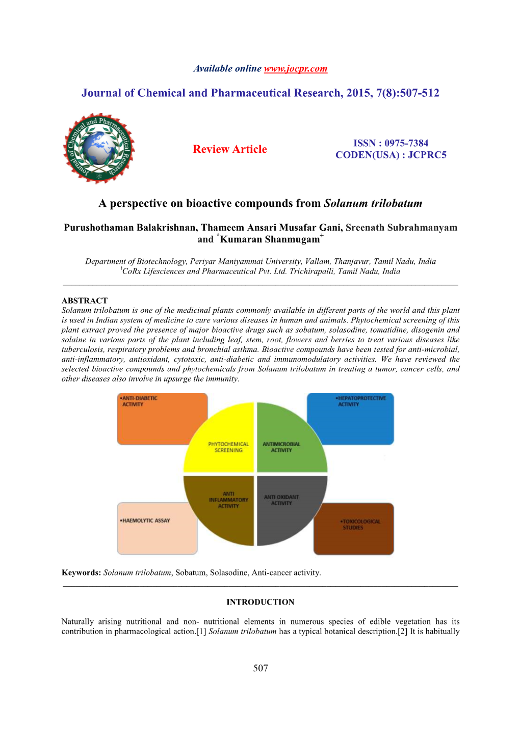 A Perspective on Bioactive Compounds from Solanum Trilobatum