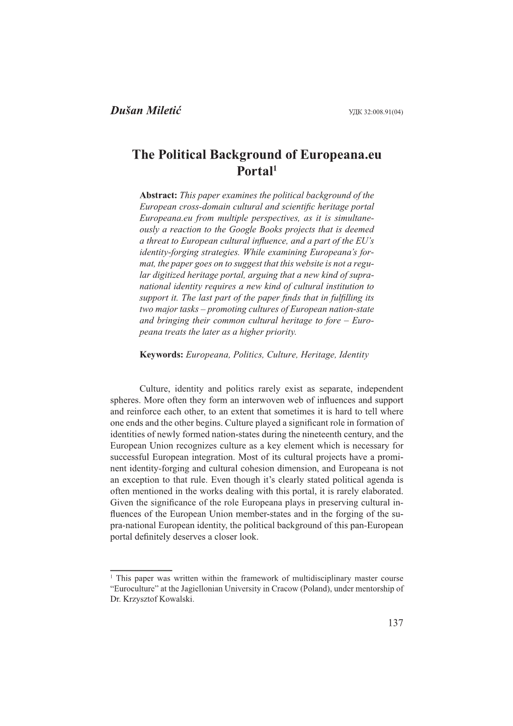 The Political Background of Europeana.Eu Portal1