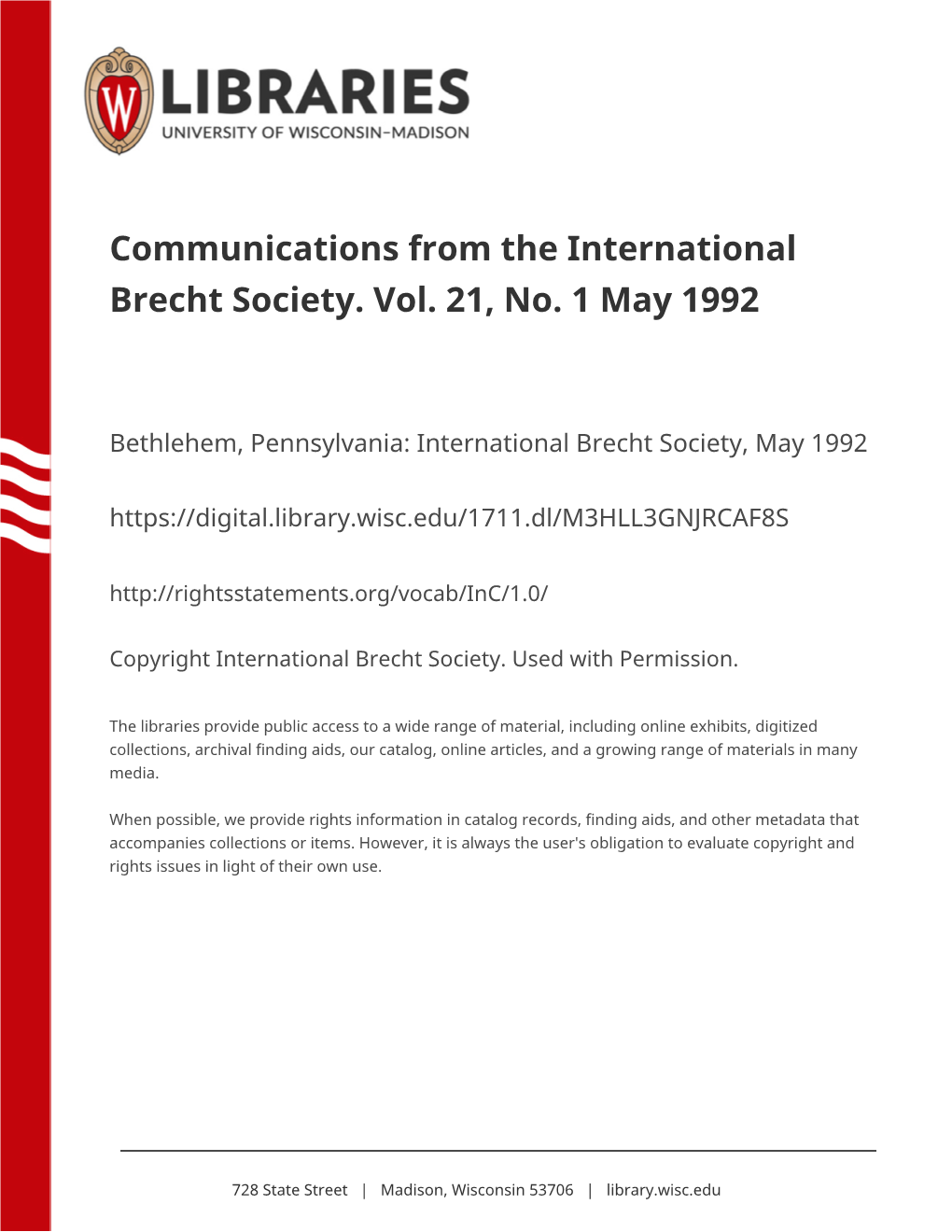 Communications from the International Brecht Society. Vol. 21, No