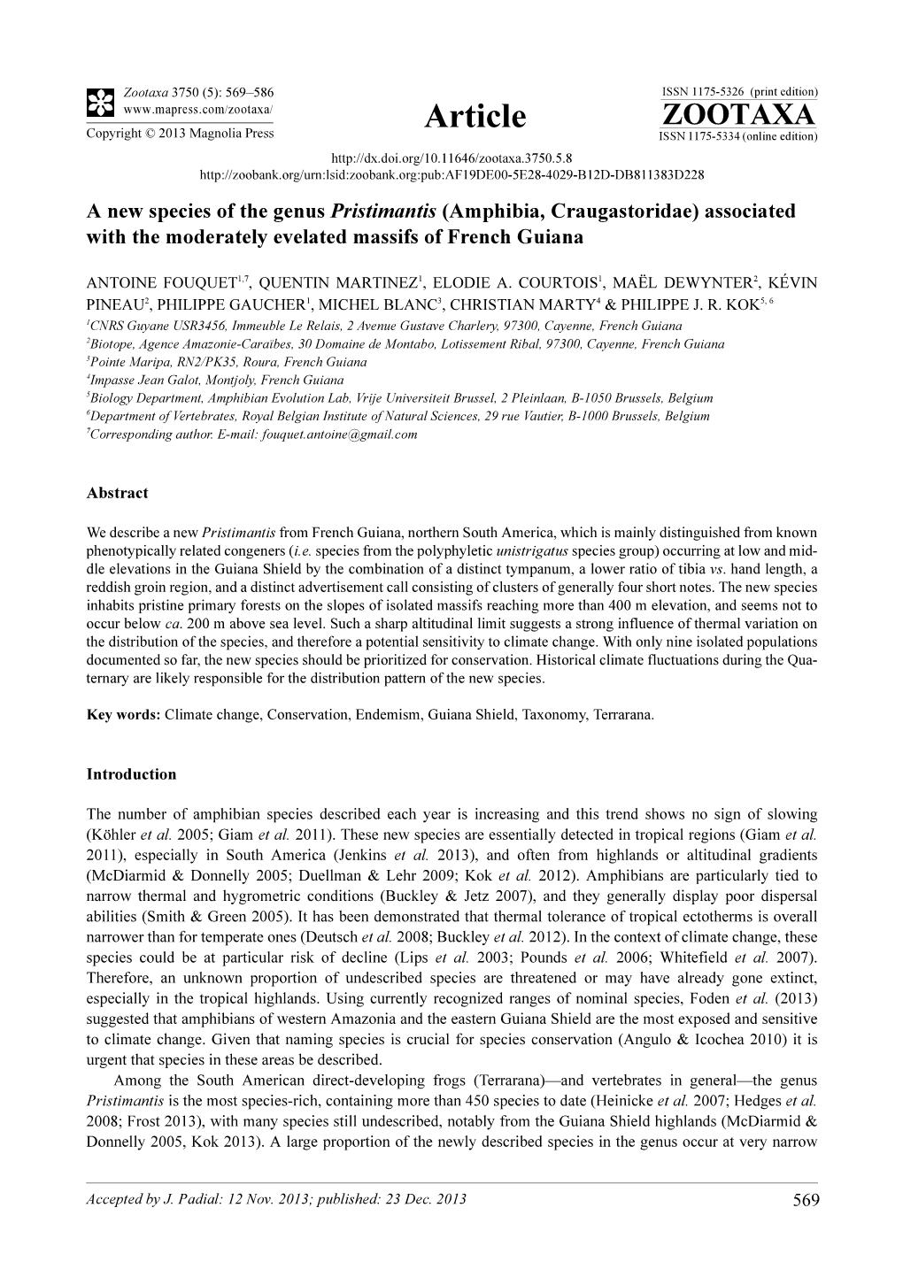 A New Species of the Genus Pristimantis (Amphibia, Craugastoridae) Associated with the Moderately Evelated Massifs of French Guiana