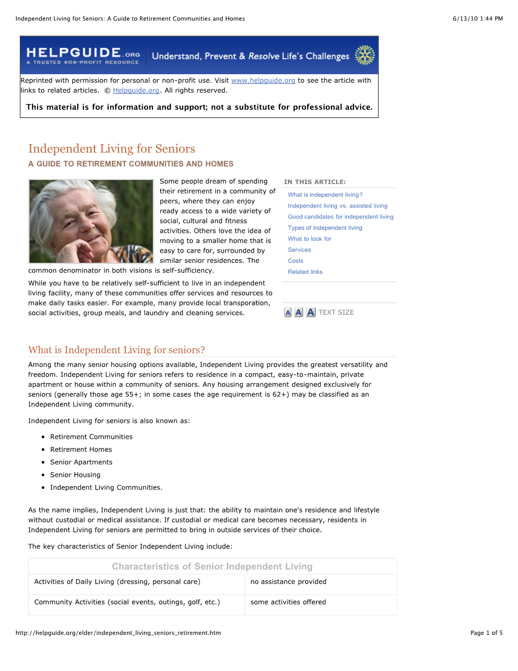 Independent Living for Seniors: a Guide to Retirement Communities and Homes 6/13/10 1:44 PM
