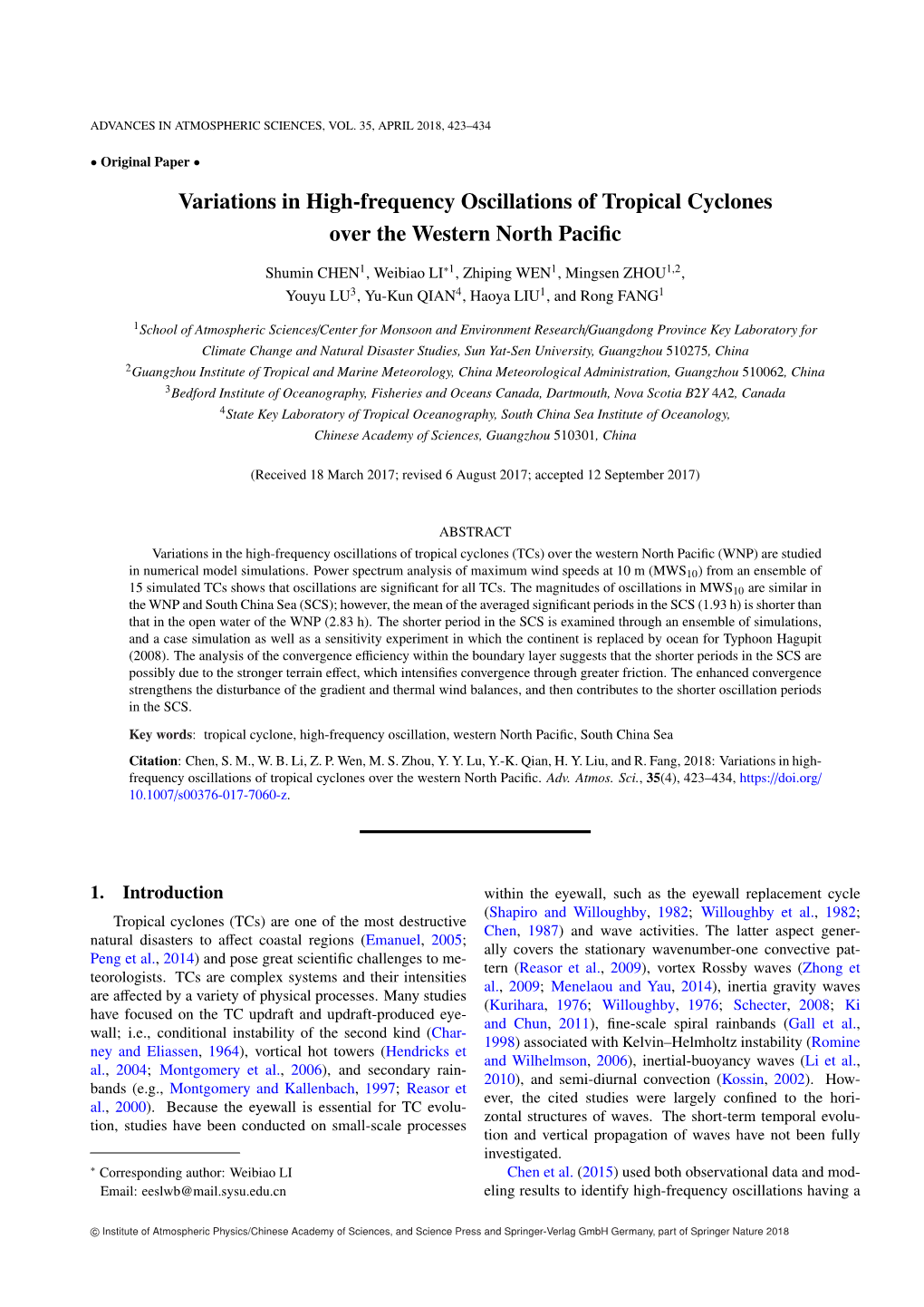 Variations in High-Frequency Oscillations of Tropical Cyclones Over the Western North Paciﬁc