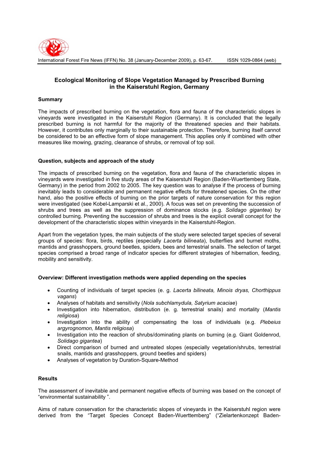 Ecological Monitoring of Slope Vegetation Managed by Prescribed Burning in the Kaiserstuhl Region, Germany