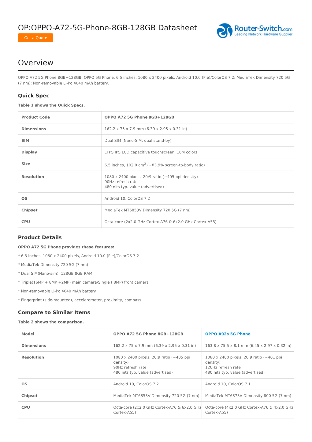 OP:OPPO-A72-5G-Phone-8GB-128GB Datasheet Overview