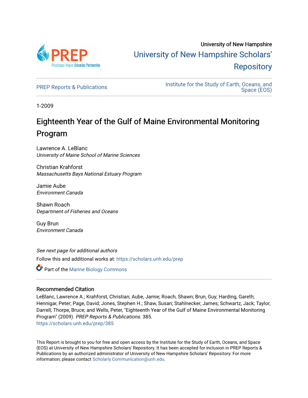 Eighteenth Year of the Gulf of Maine Environmental Monitoring Program