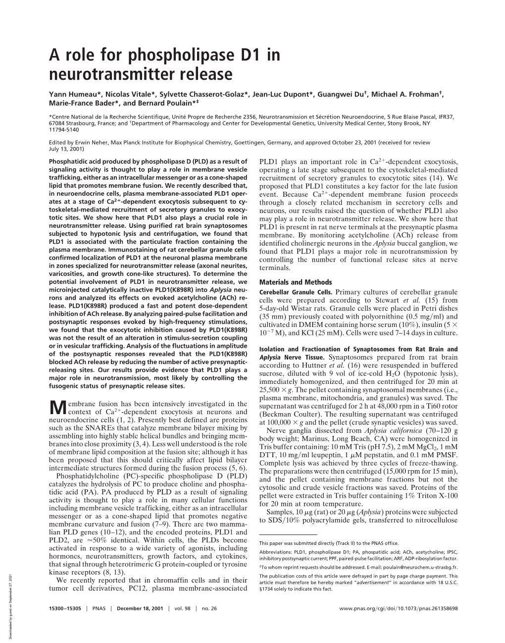 A Role for Phospholipase D1 in Neurotransmitter Release