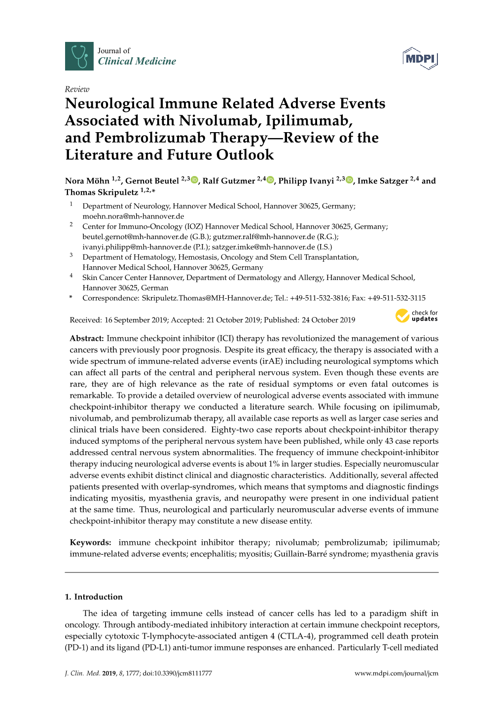 Neurological Immune Related Adverse Events Associated with Nivolumab, Ipilimumab, and Pembrolizumab Therapy—Review of the Literature and Future Outlook