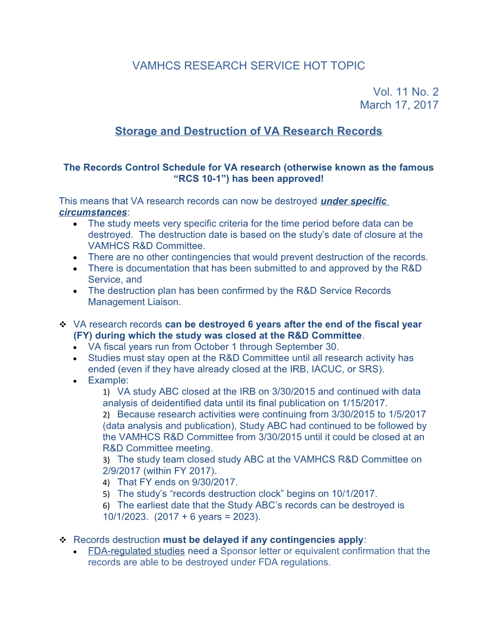 Storage and Destruction of VA Research Records