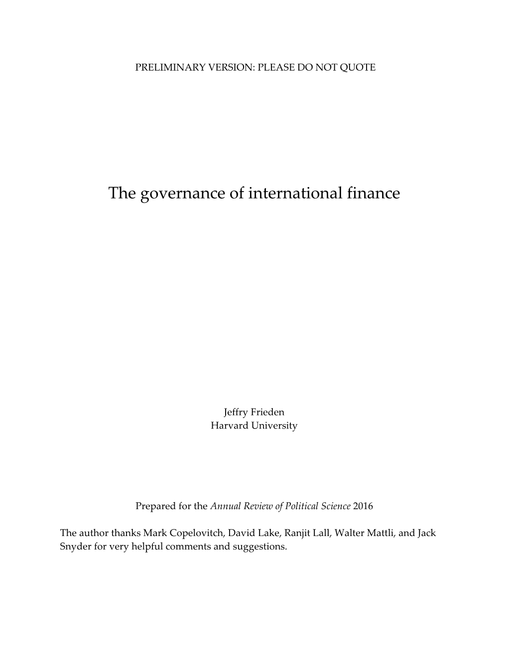 The Governance of International Finance