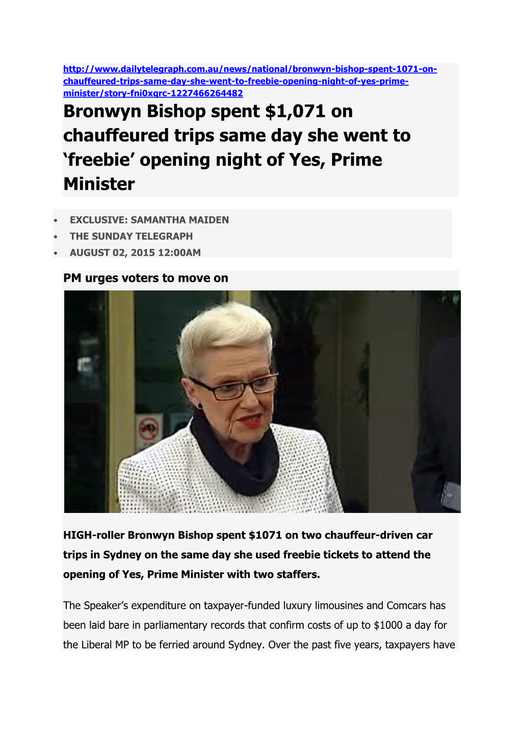 Bronwyn Bishop Spent $1,071 on Chauffeured Trips Same Day She Went to 'Freebie' Opening Night of Yes, Prime Minister