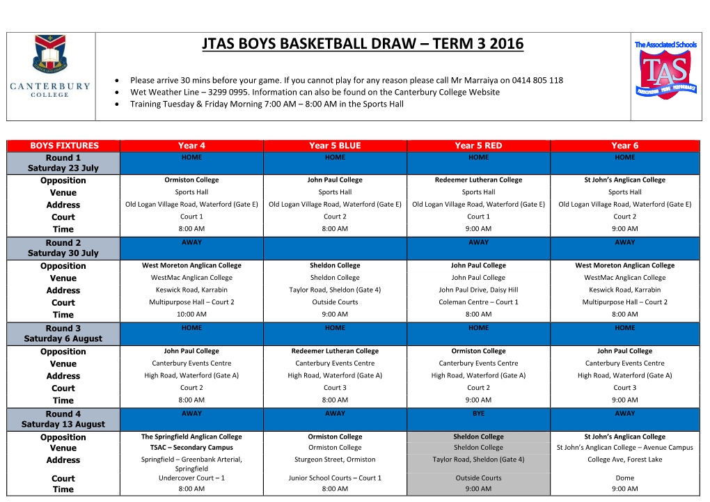 Jtas Boys Basketball Draw – Term 3 2016