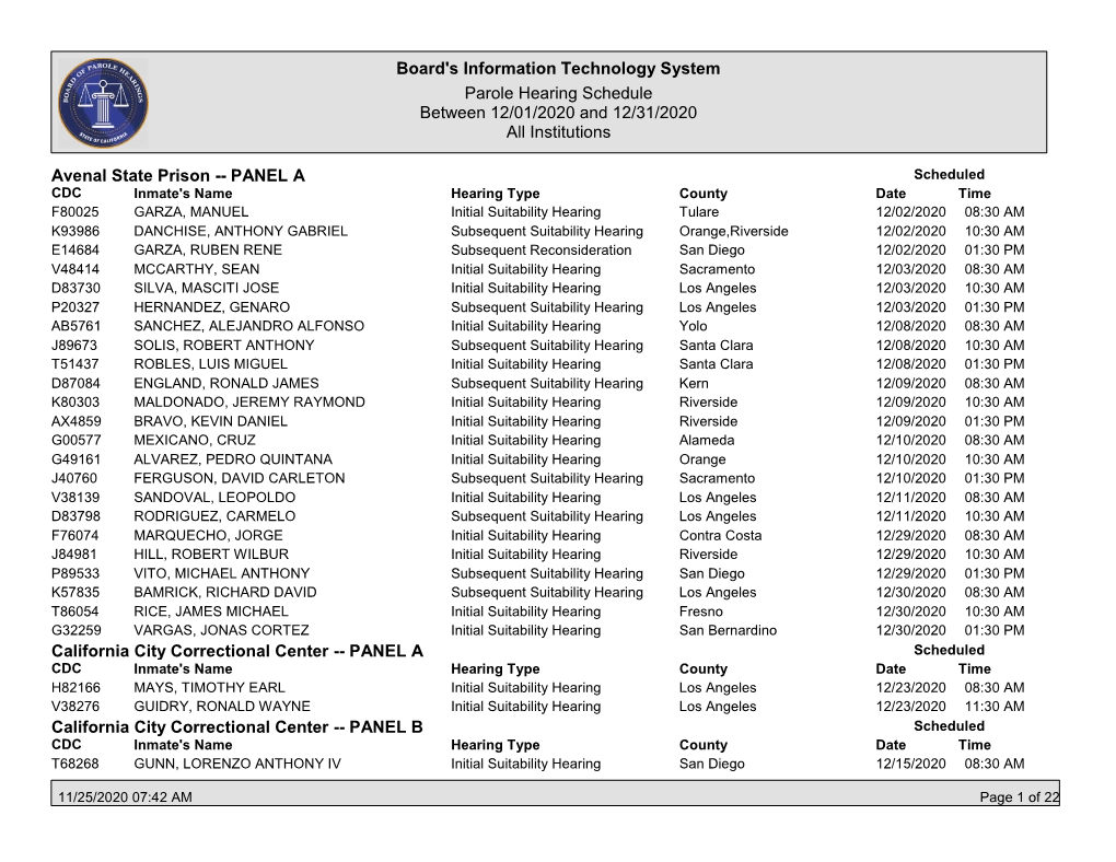 Board's Information Technology System Parole Hearing Schedule Between 12/01/2020 and 12/31/2020 All Institutions Avenal State