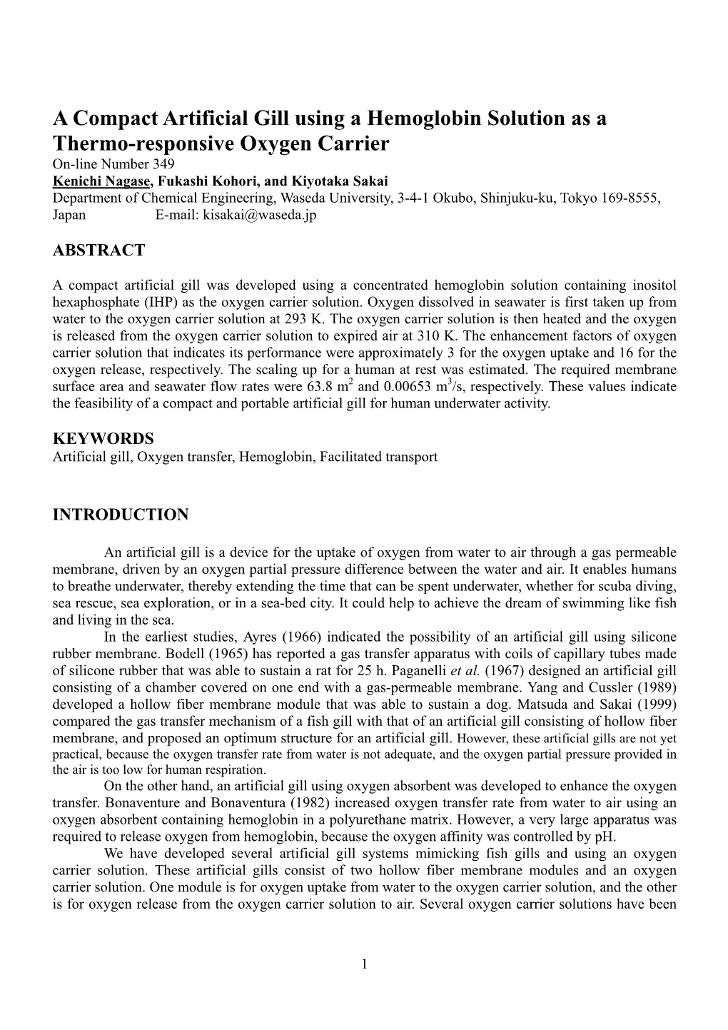 A Compact Artificial Gill Using a Hemoglobin Solution As a Thermo