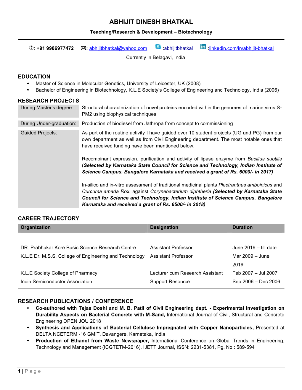 ABHIJIT DINESH BHATKAL Teaching/Research & Development – Biotechnology