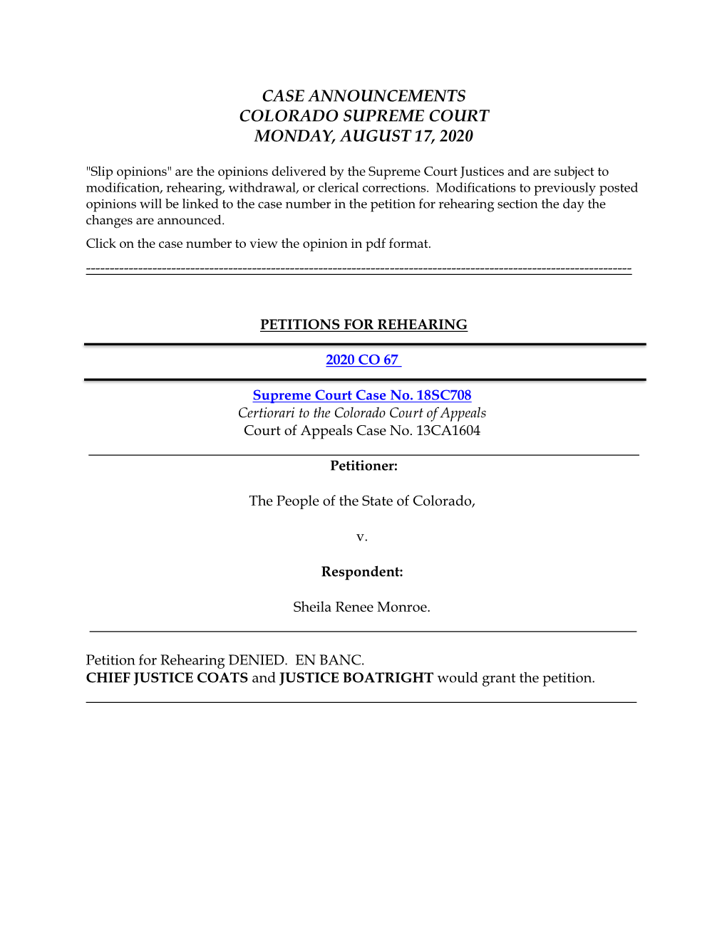 Case Announcements Colorado Supreme Court Monday, August 17, 2020