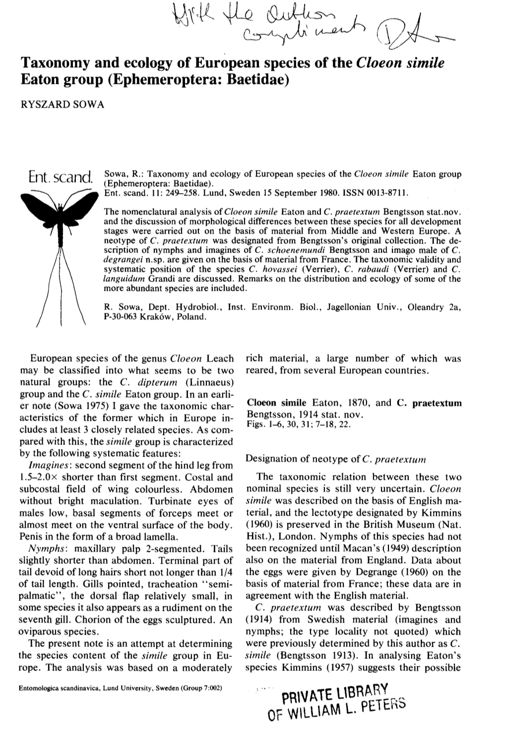 Cloeon Simile Eaton Group (Ephemeroptera: Baetidae)