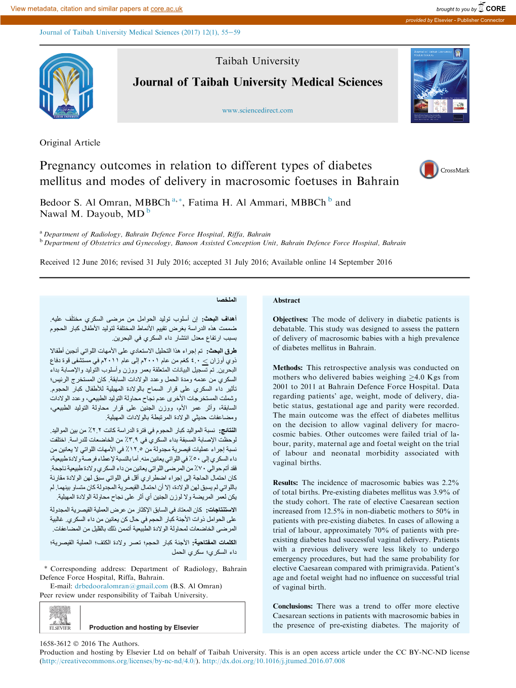 Pregnancy Outcomes in Relation to Different Types of Diabetes Mellitus and Modes of Delivery in Macrosomic Foetuses in Bahrain