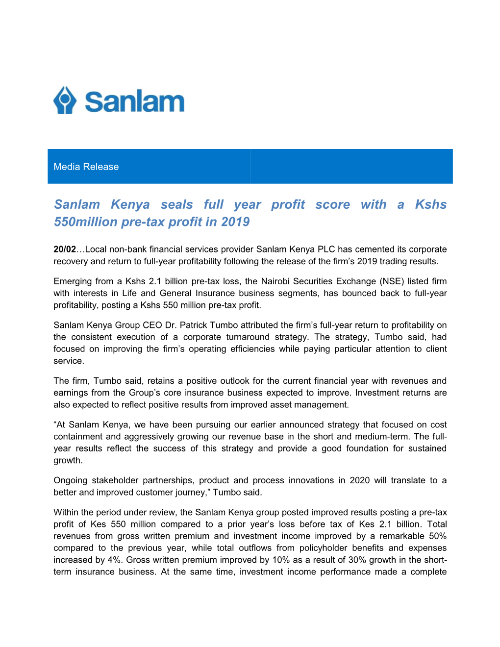 Sanlam Kenya Seals Full Year Profit Score with a Kshs 550Million Pre-Tax Profit in 2019