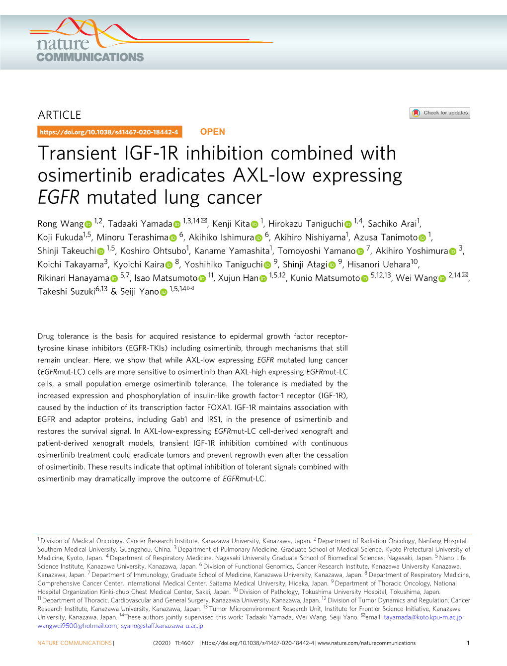 Transient IGF-1R Inhibition Combined with Osimertinib Eradicates AXL-Low