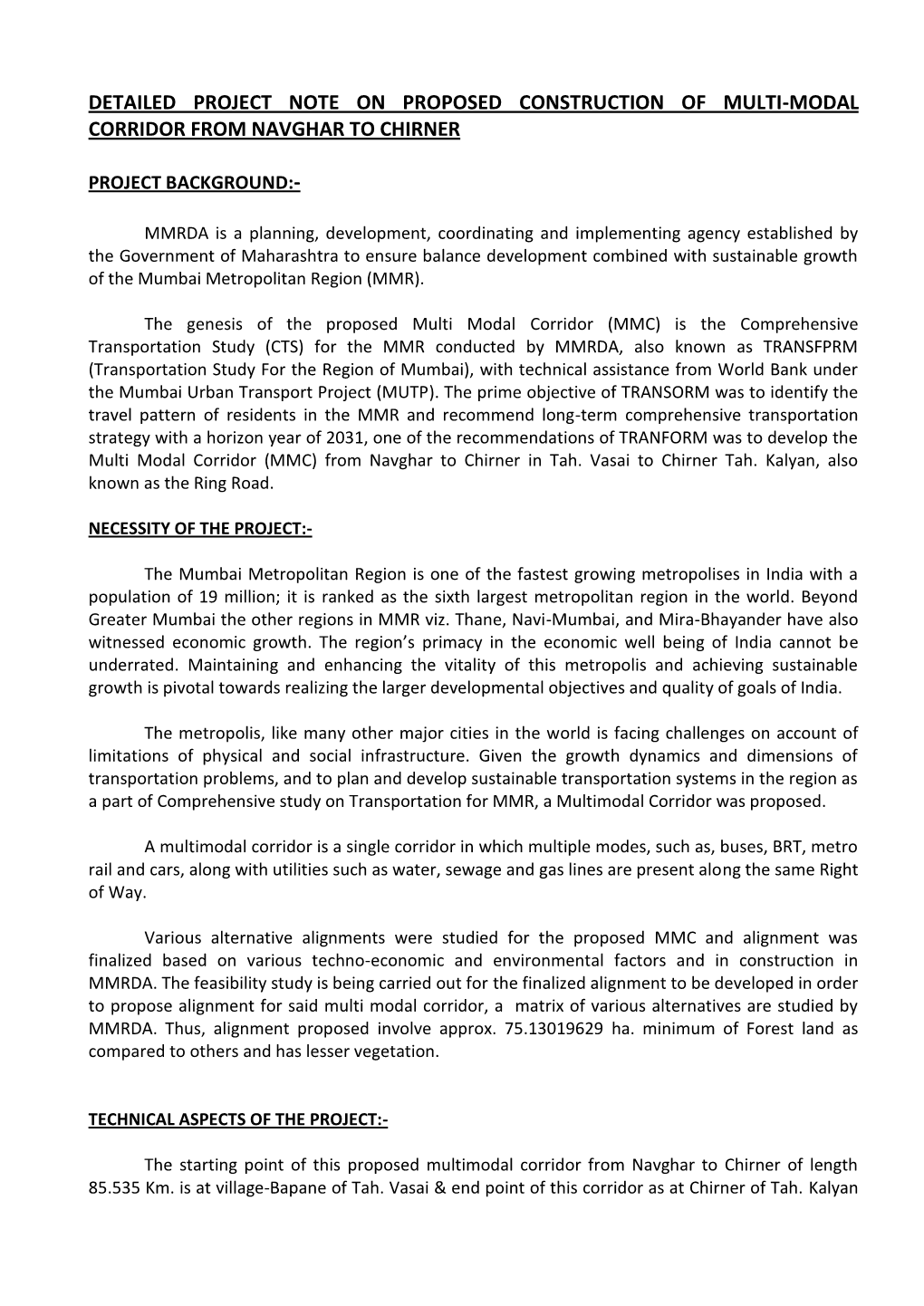 Detailed Project Note on Proposed Construction of Multi-Modal Corridor from Navghar to Chirner