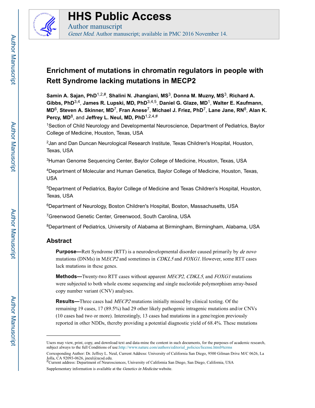 Enrichment of Mutations in Chromatin Regulators in People with Rett Syndrome Lacking Mutations in MECP2