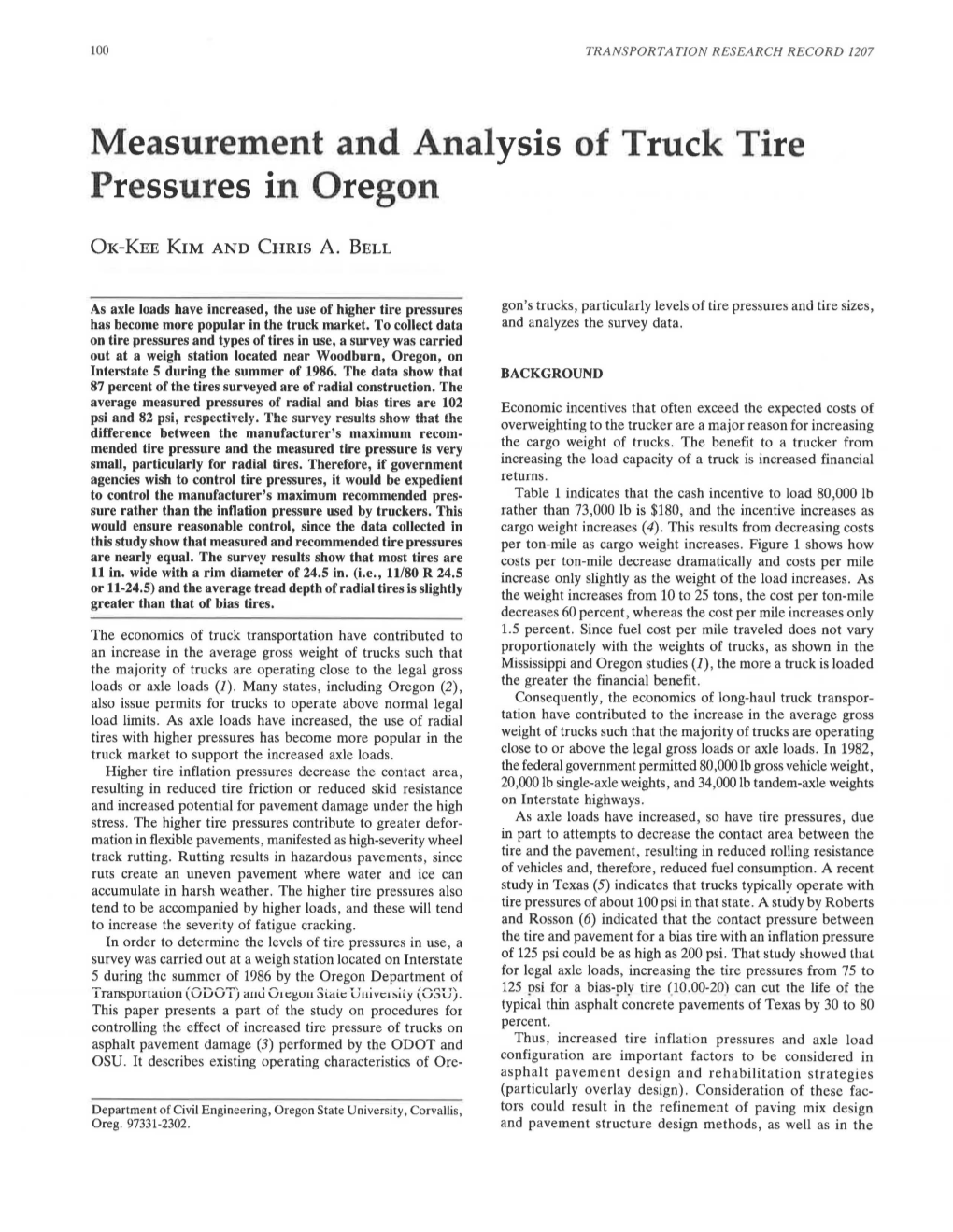 Measurement and Analysis of Truck Tire Pressures in Oregon