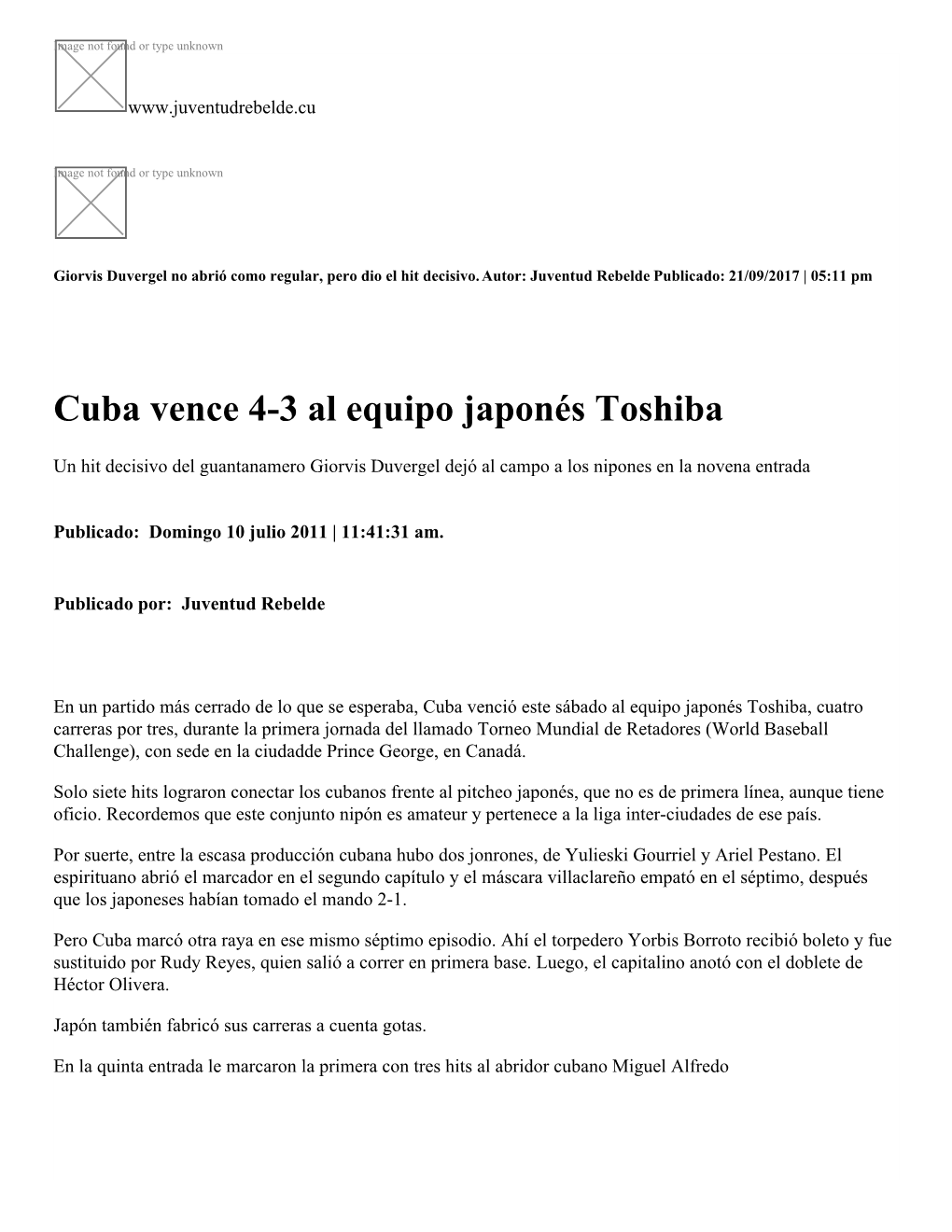 Cuba Vence 4-3 Al Equipo Japonés Toshiba