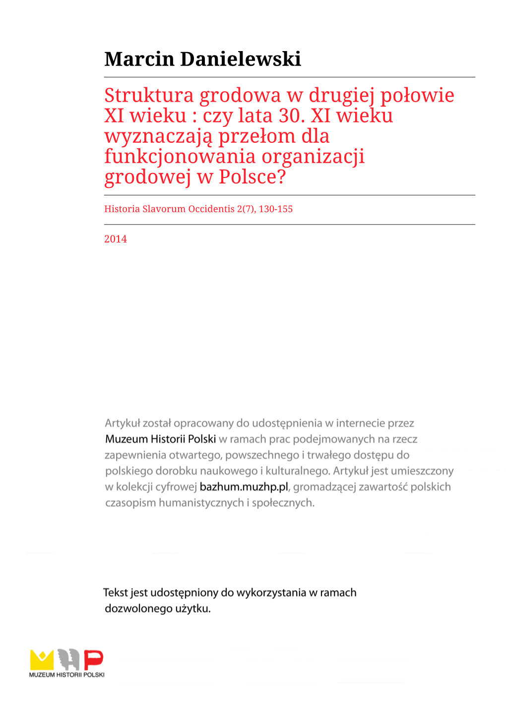 Marcin Danielewski Struktura Grodowa W Drugiej Połowie XI Wieku : Czy Lata 30