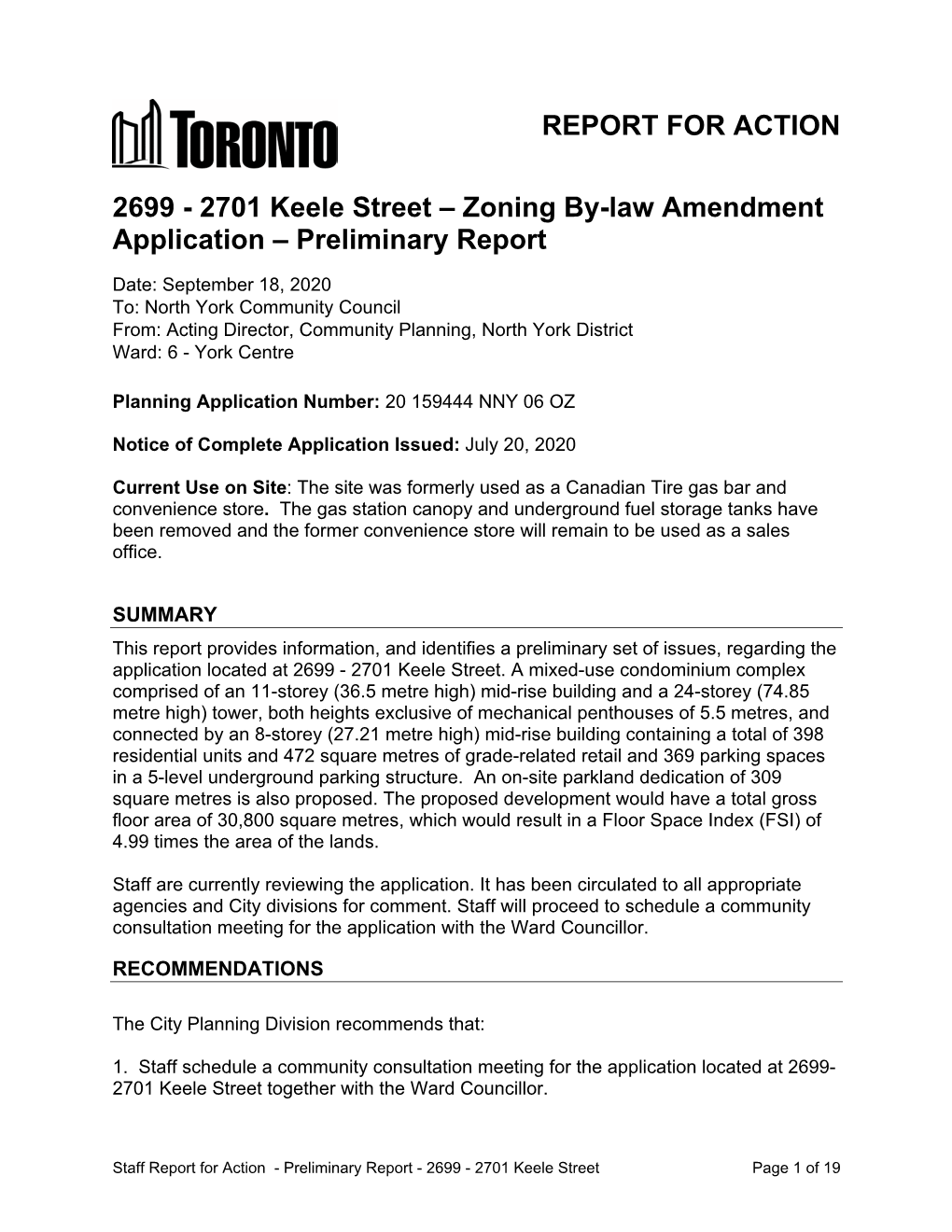 2699 - 2701 Keele Street – Zoning By-Law Amendment Application – Preliminary Report