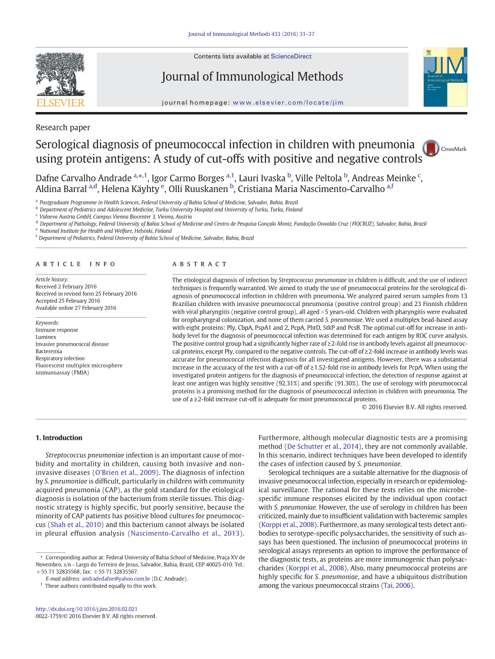 Serological Diagnosis of Pneumococcal Infection in Children with Pneumonia Using Protein Antigens: a Study of Cut-Offs with Positive and Negative Controls