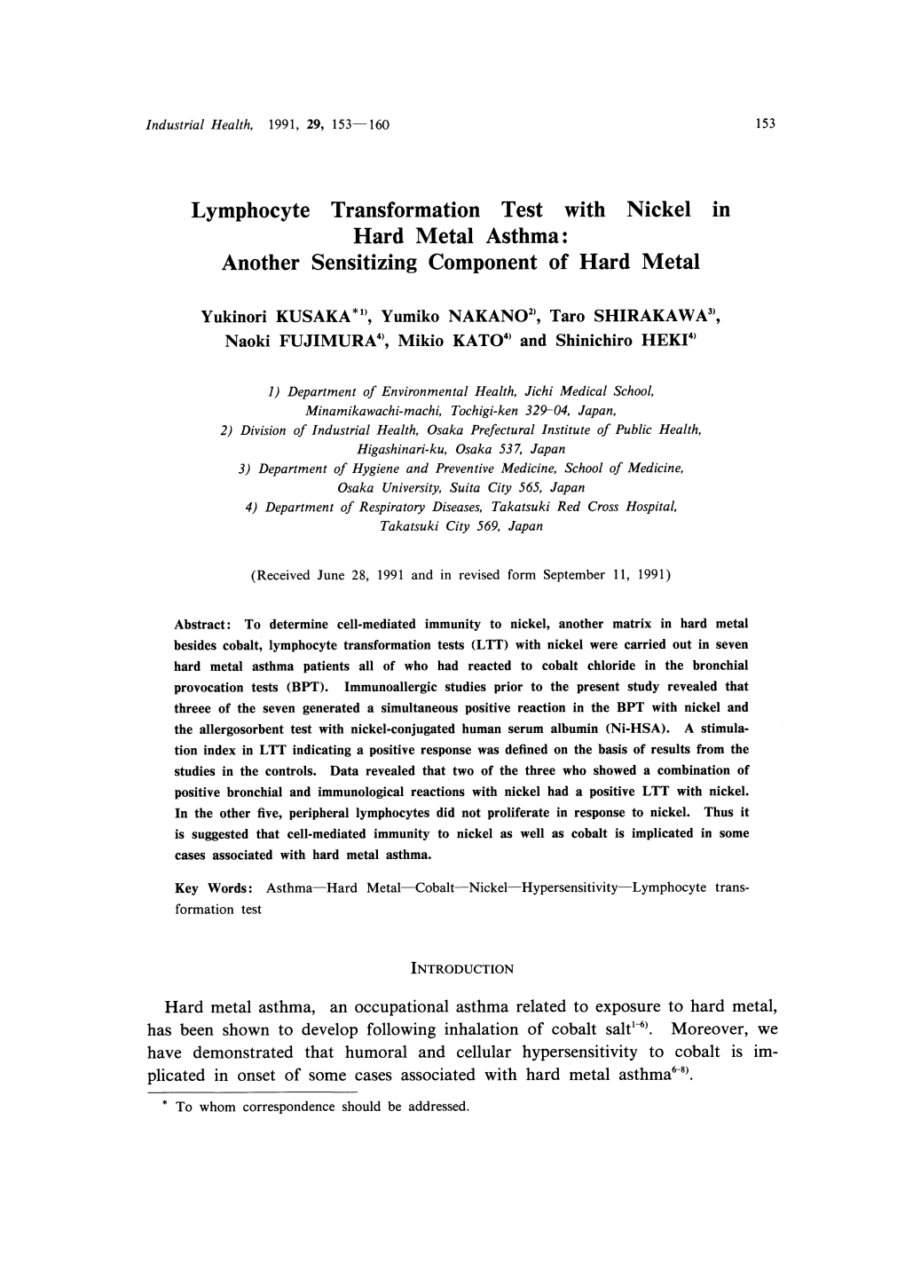 Lymphocyte Transformation Test with Nickel in Hard Metal Asthma: Another Sensitizing Component of Hard Metal