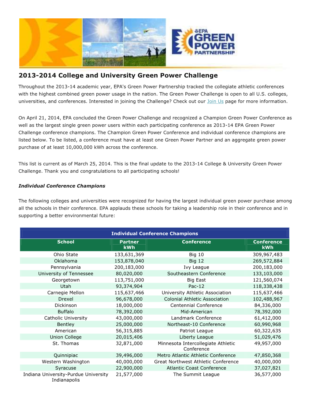 2013-2014 College and University Green Power Challenge