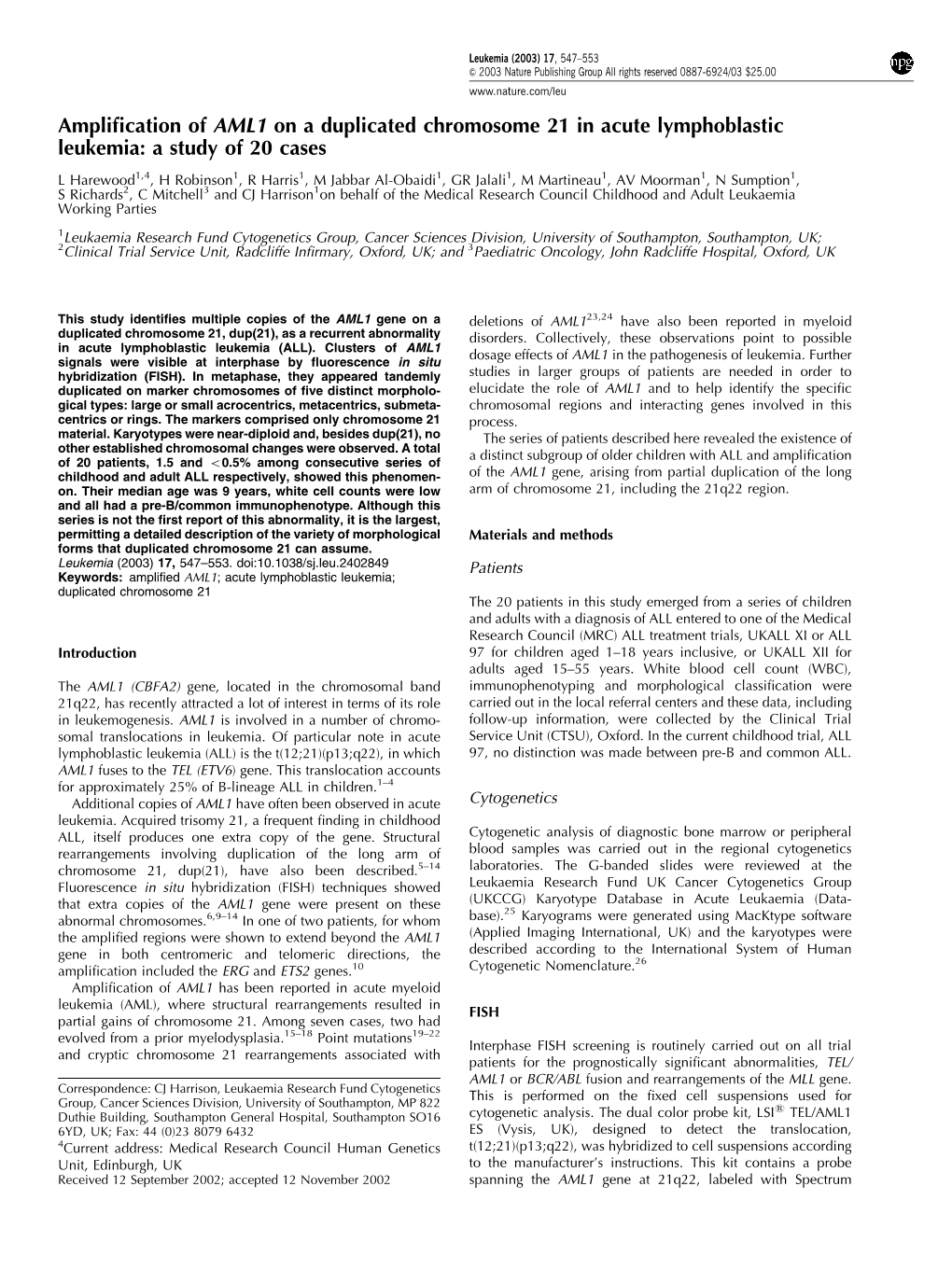 Amplification of AML1 on a Duplicated Chromosome 21 in Acute