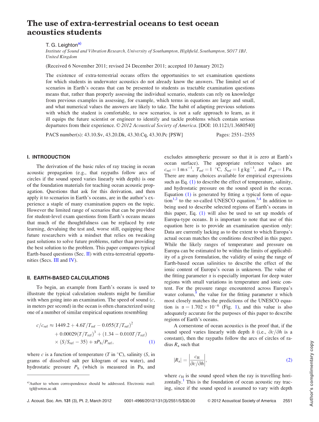 The Use of Extra-Terrestrial Oceans to Test Ocean Acoustics Students