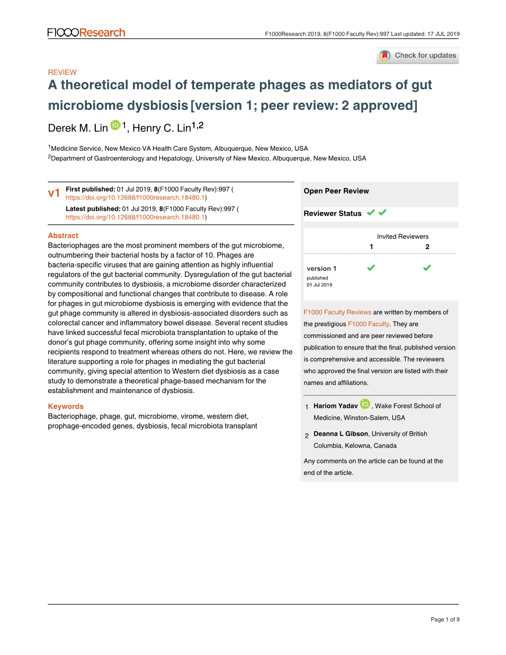 A Theoretical Model of Temperate Phages As Mediators of Gut Microbiome Dysbiosis [Version 1; Peer Review: 2 Approved] Derek M