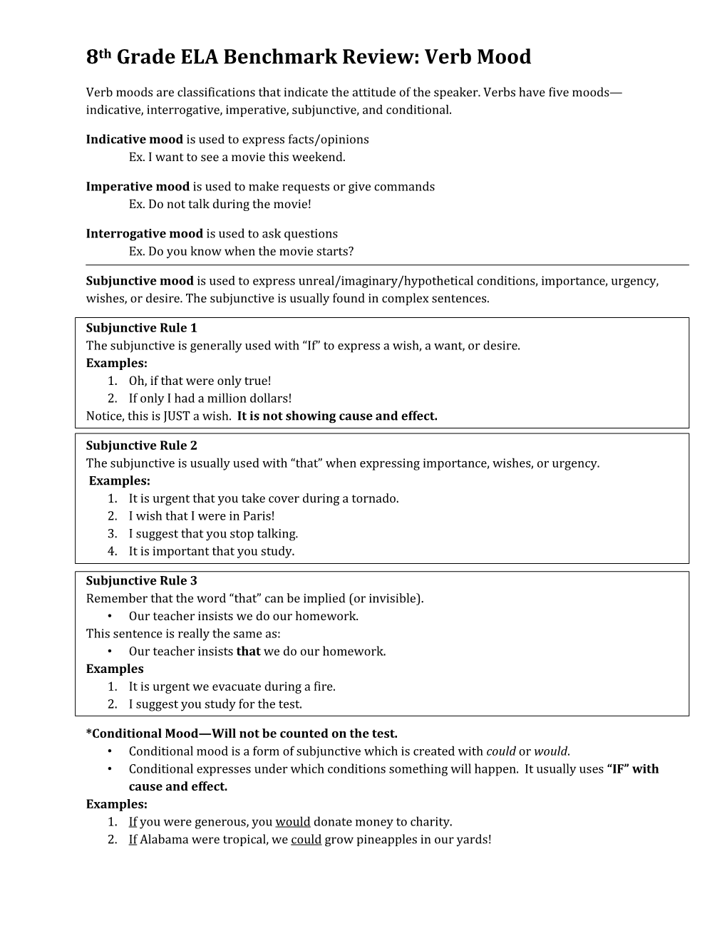 8Th Grade ELA Benchmark Review: Verb Mood