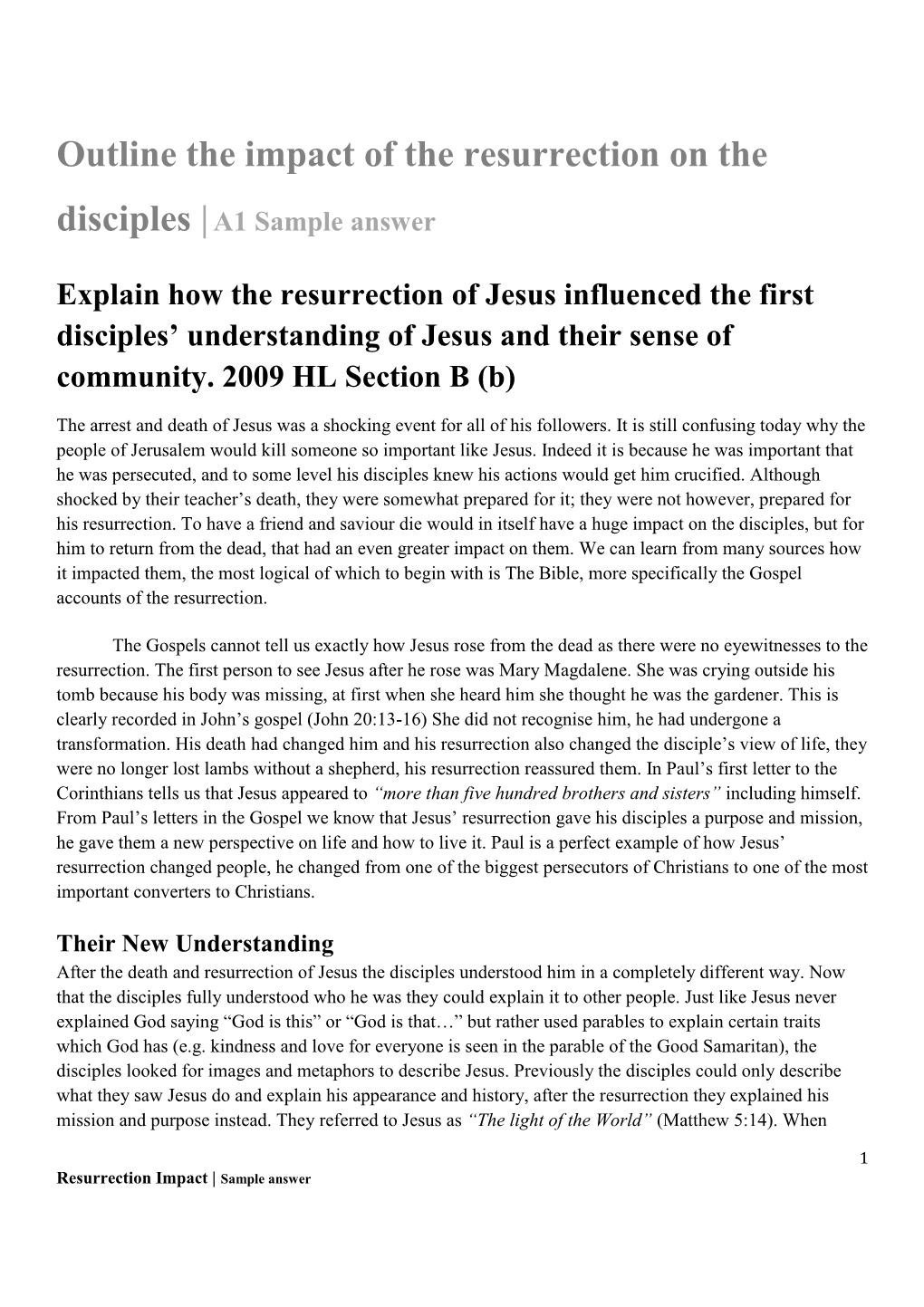 Outline the Impact of the Resurrection on the Disciples |A1 Sample Answer