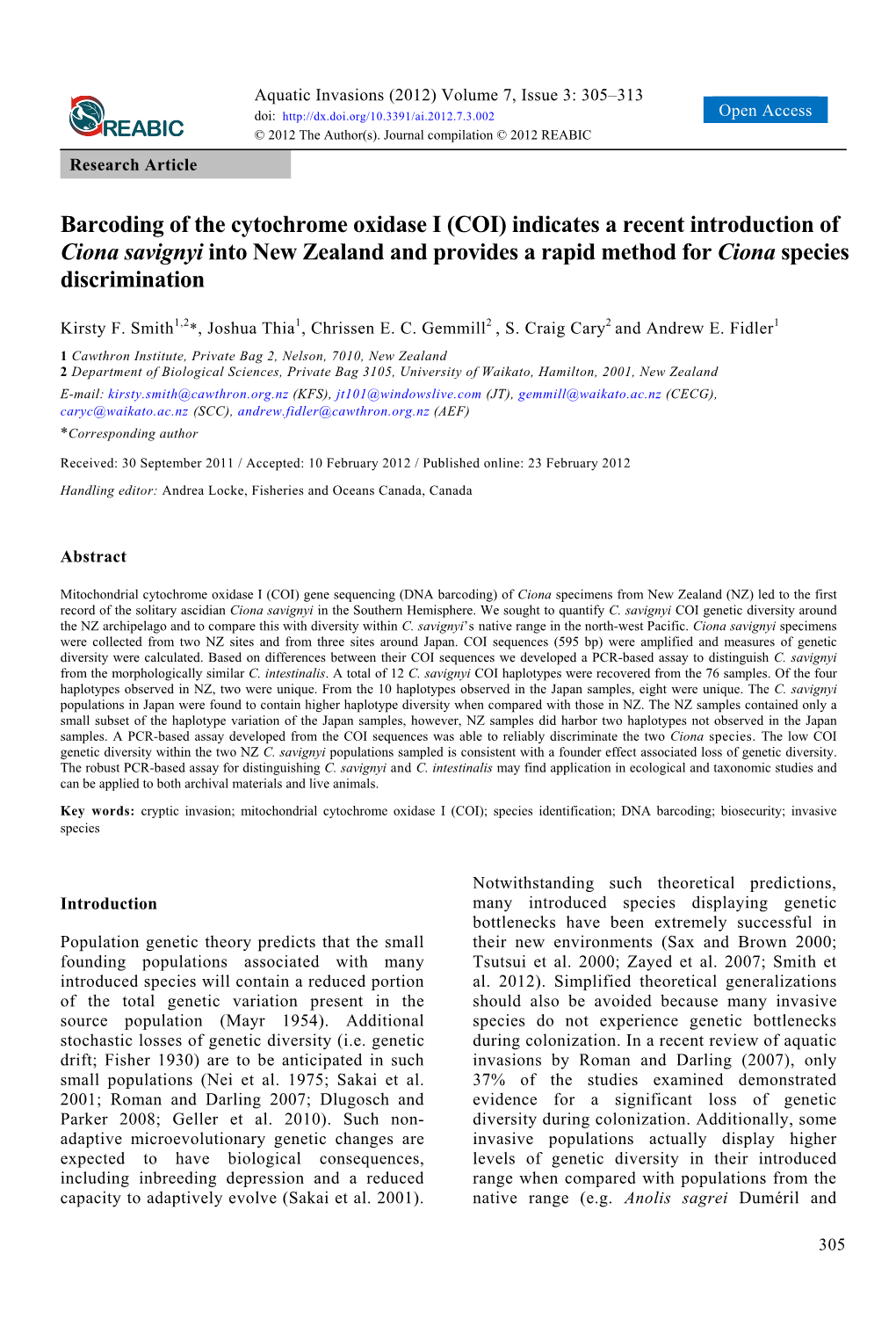 Barcoding of the Cytochrome Oxidase I