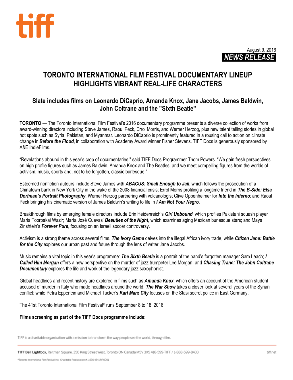 News Release. Toronto International Film Festival