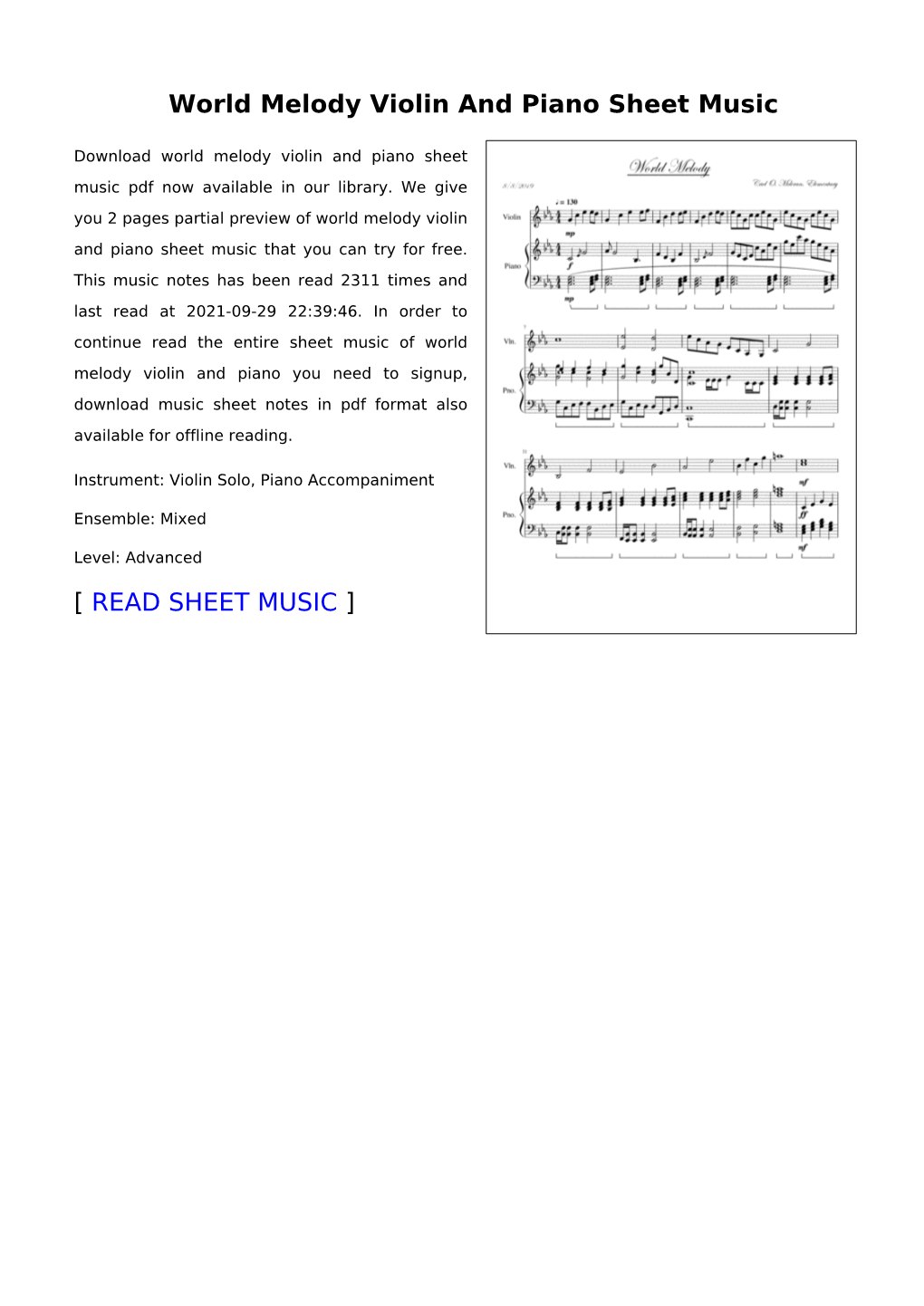 World Melody Violin and Piano Sheet Music