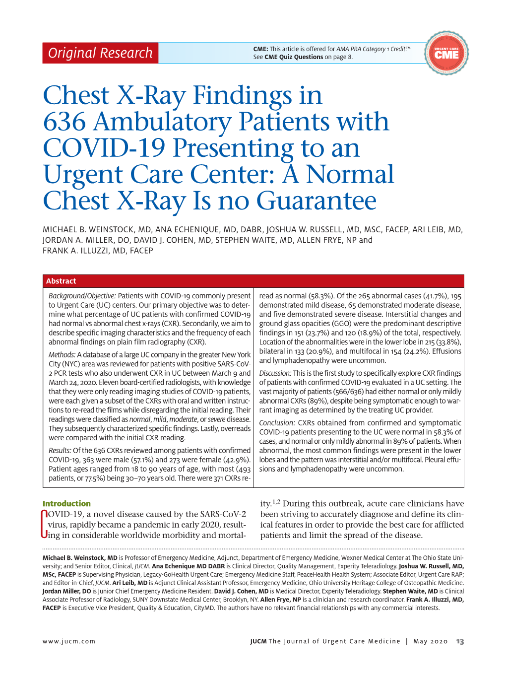 Chest X-Ray Findings in 636 Ambulatory Patients with COVID-19 Presenting to an Urgent Care Center: a Normal