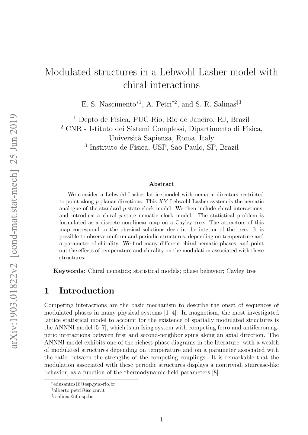 Modulated Structures in a Lebwohl-Lasher Model with Chiral Interactions Arxiv:1903.01822V2