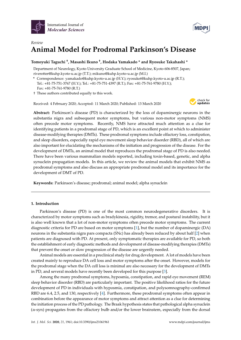 Animal Model for Prodromal Parkinson's Disease