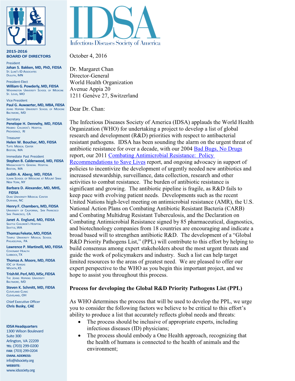 IDSA Letter to WHO on Prioritizing Antimicrobial Resistant Pathogens