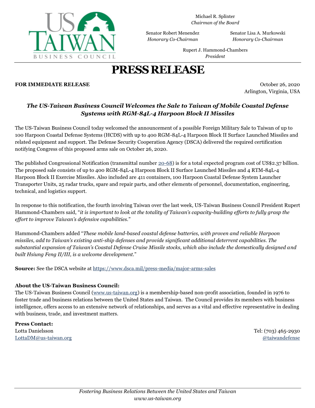 US-Taiwan Business Council Press Release