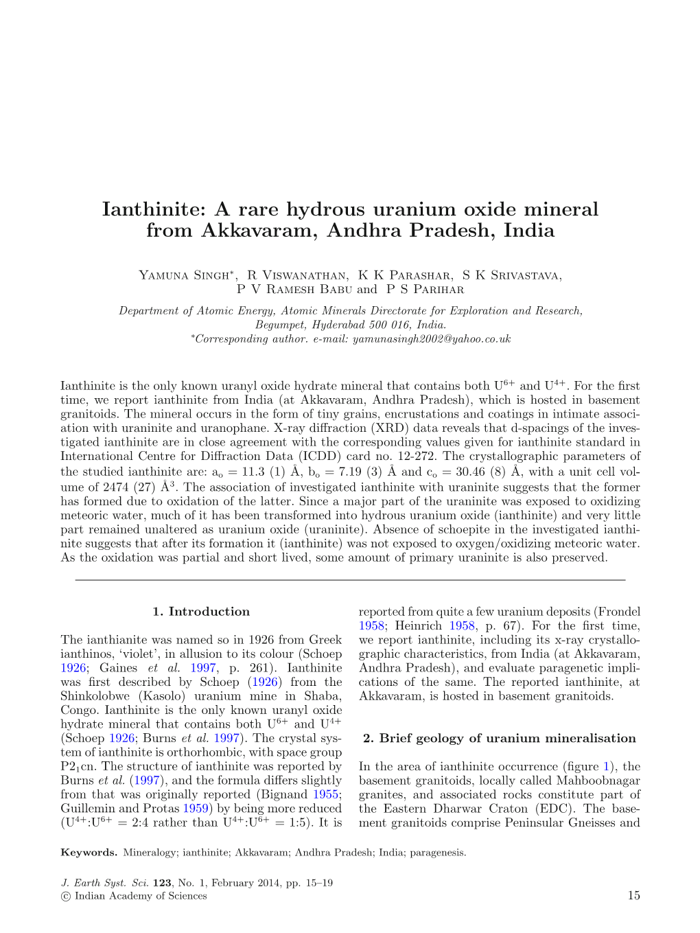 Ianthinite: a Rare Hydrous Uranium Oxide Mineral from Akkavaram, Andhra Pradesh, India