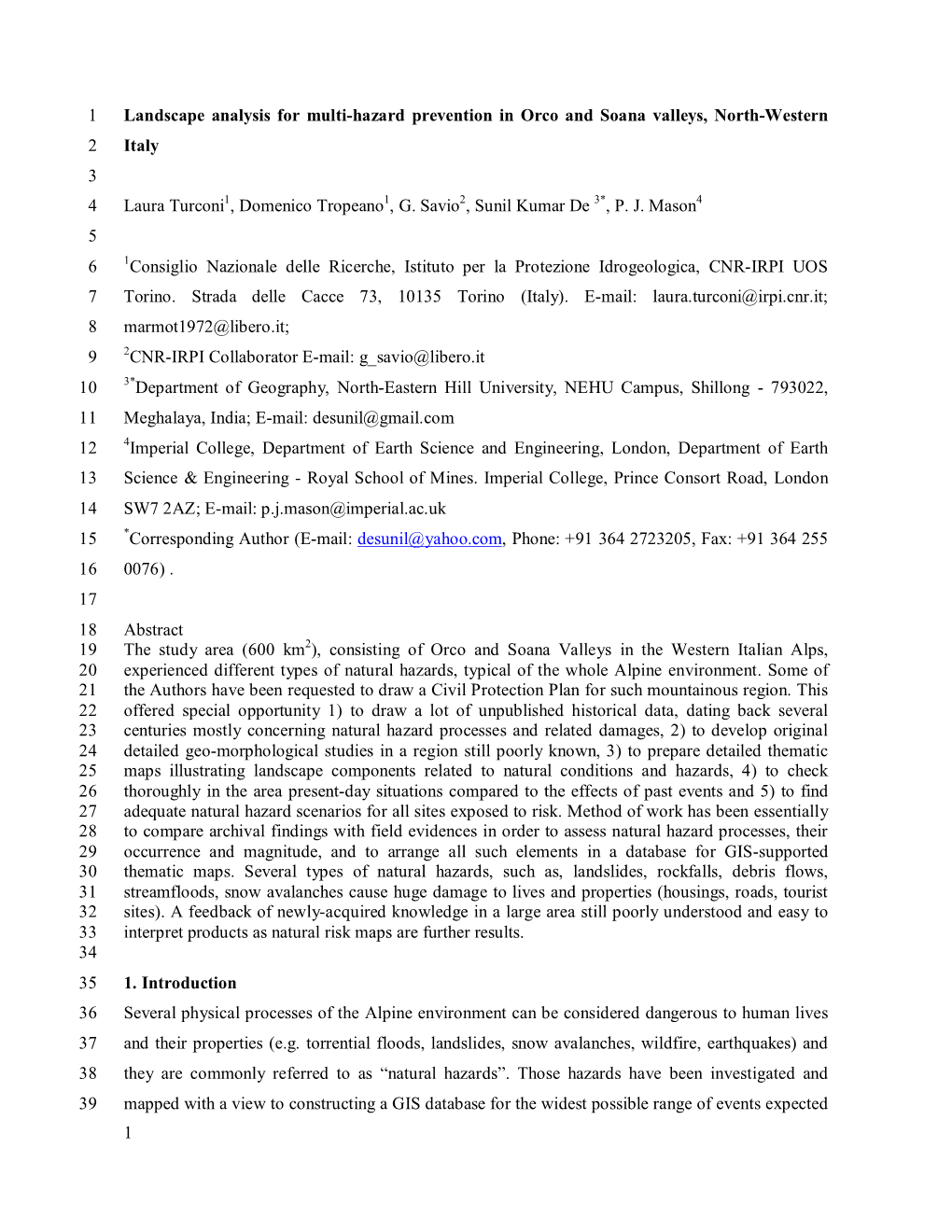 1 Landscape Analysis for Multi-Hazard Prevention in Orco and Soana Valleys, North-Western 2 Italy 3 4 Laura Turconi1, Domenico Tropeano1, G